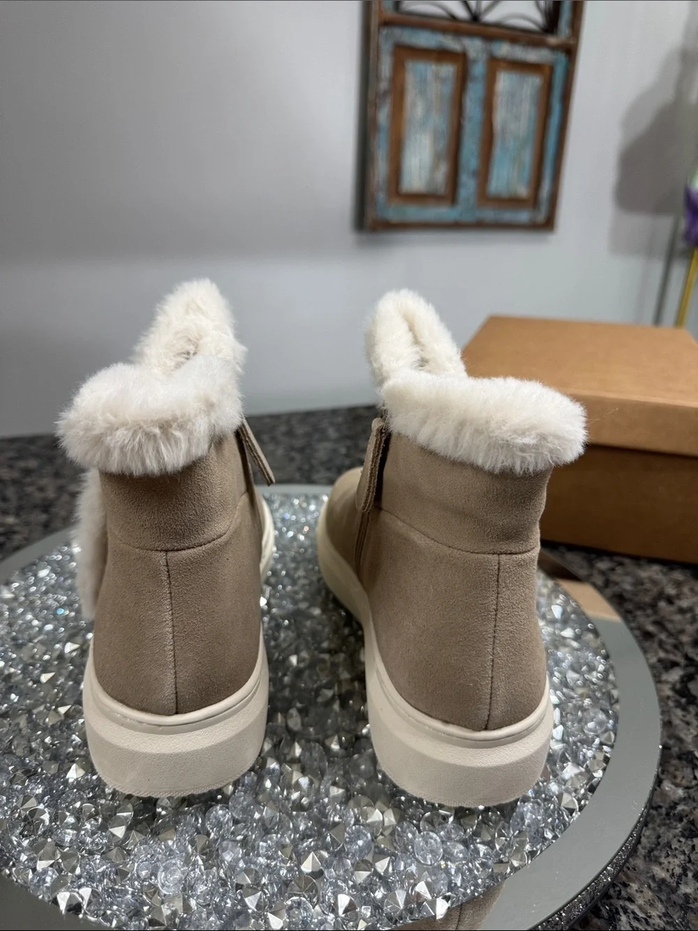 Marc Fisher Foggie Taupe Suede and faux fur Trim Ankle Boots NEW 7.5